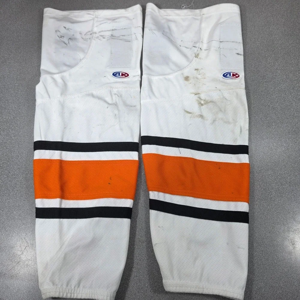 AK Hockey Socks Adult 24in White Orange Black Fair Striped Mesh Performance